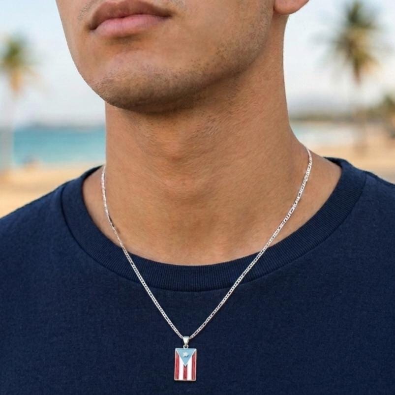 Unisex silver Puerto Rico flag handmade necklace :  stainless steel chain with enamel