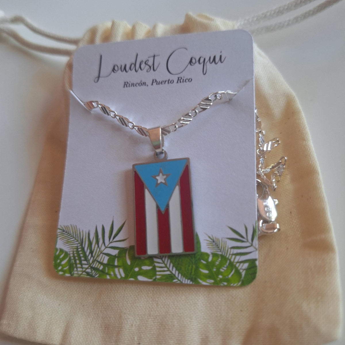 Unisex silver Puerto Rico flag handmade necklace :  stainless steel chain with enamel