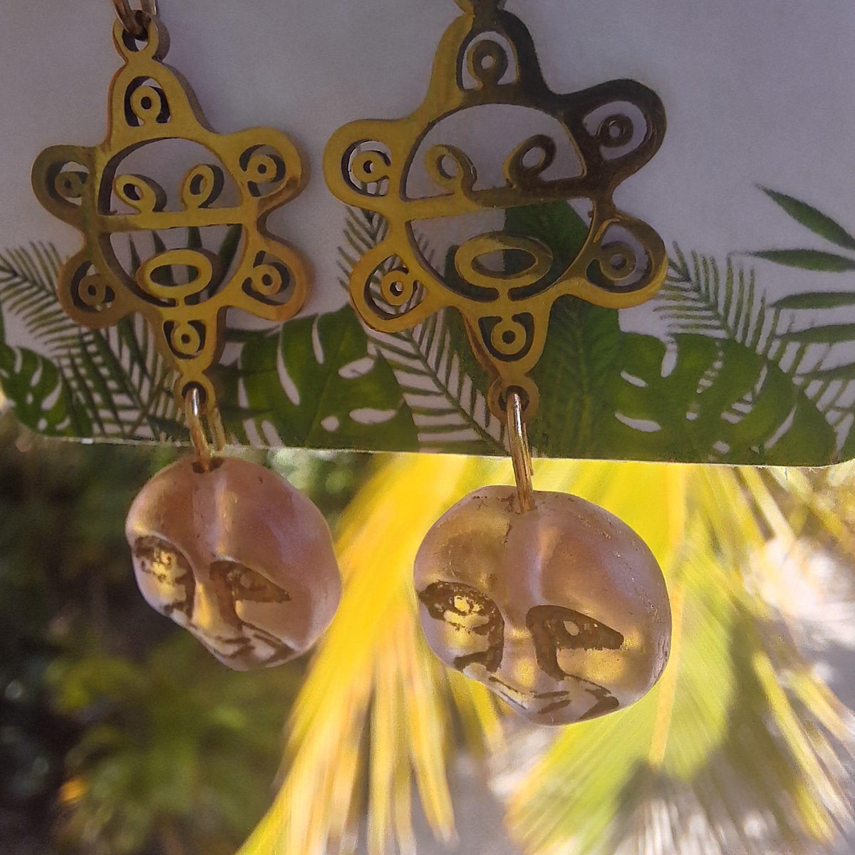Taino sun moon face handmade glass earrings : Puerto Rico jewelry