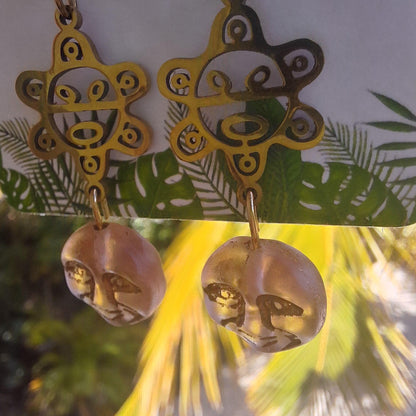 Taino sun moon face handmade glass earrings : Puerto Rico jewelry