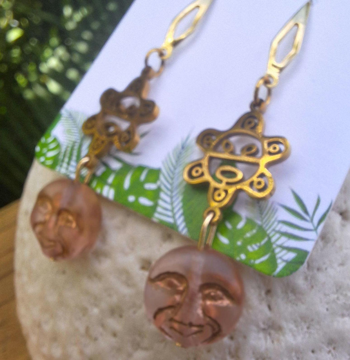 Taino sun moon face handmade glass earrings : Puerto Rico jewelry