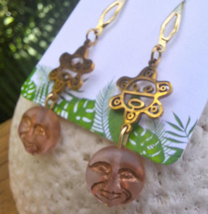 Taino sun moon face handmade glass earrings : Puerto Rico jewelry