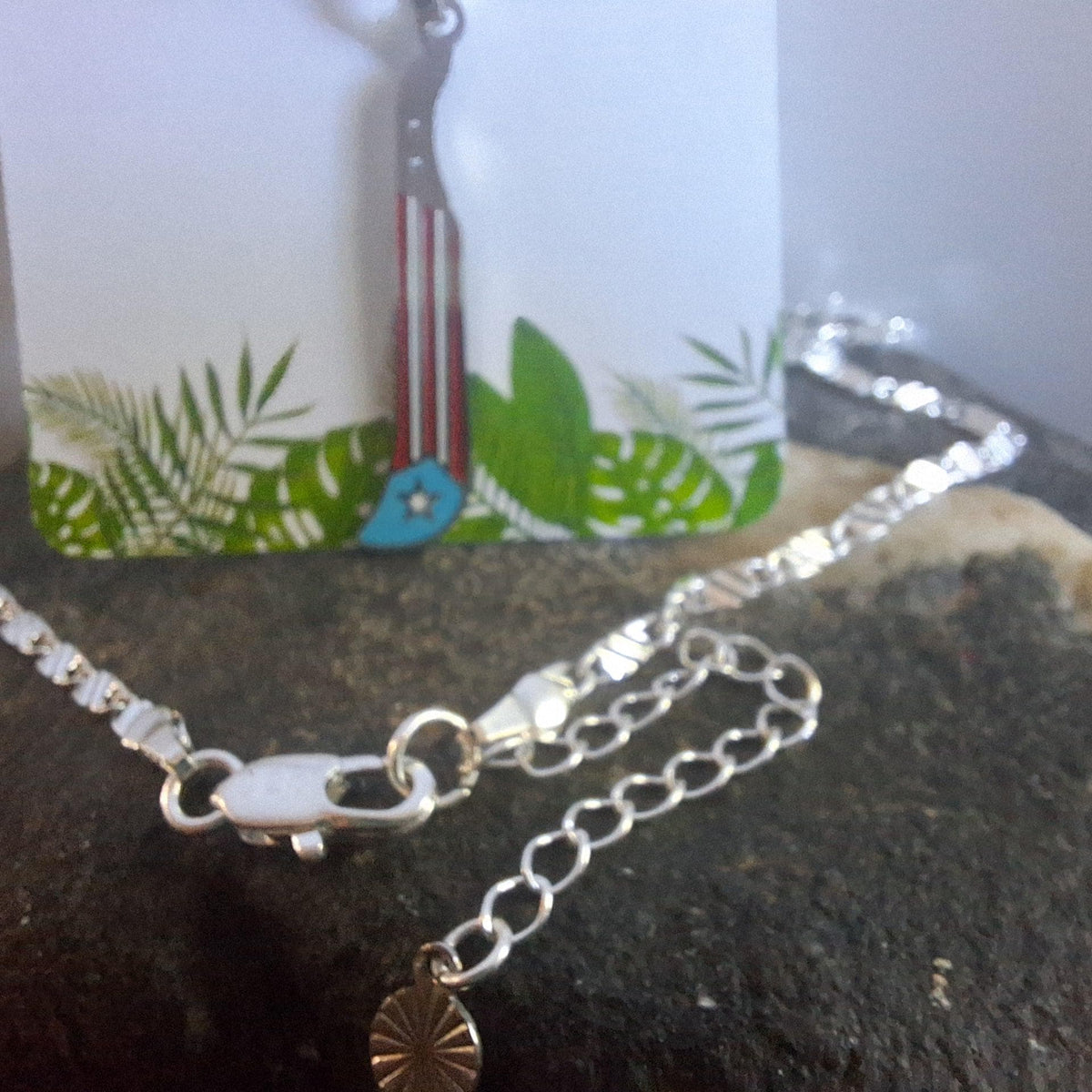 Puerto Rico silver machete flag charm necklace: Stainless Steel, Unisex, Tarnish Free (18" or 20") Boricua waterproof jewelry