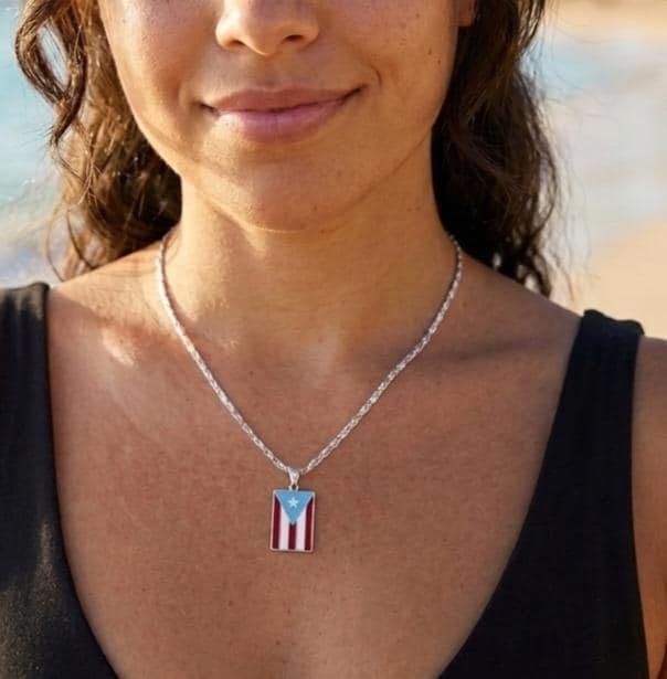 Unisex silver Puerto Rico flag handmade necklace :  stainless steel chain with enamel