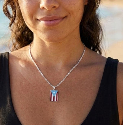 Unisex silver Puerto Rico flag handmade necklace :  stainless steel chain with enamel