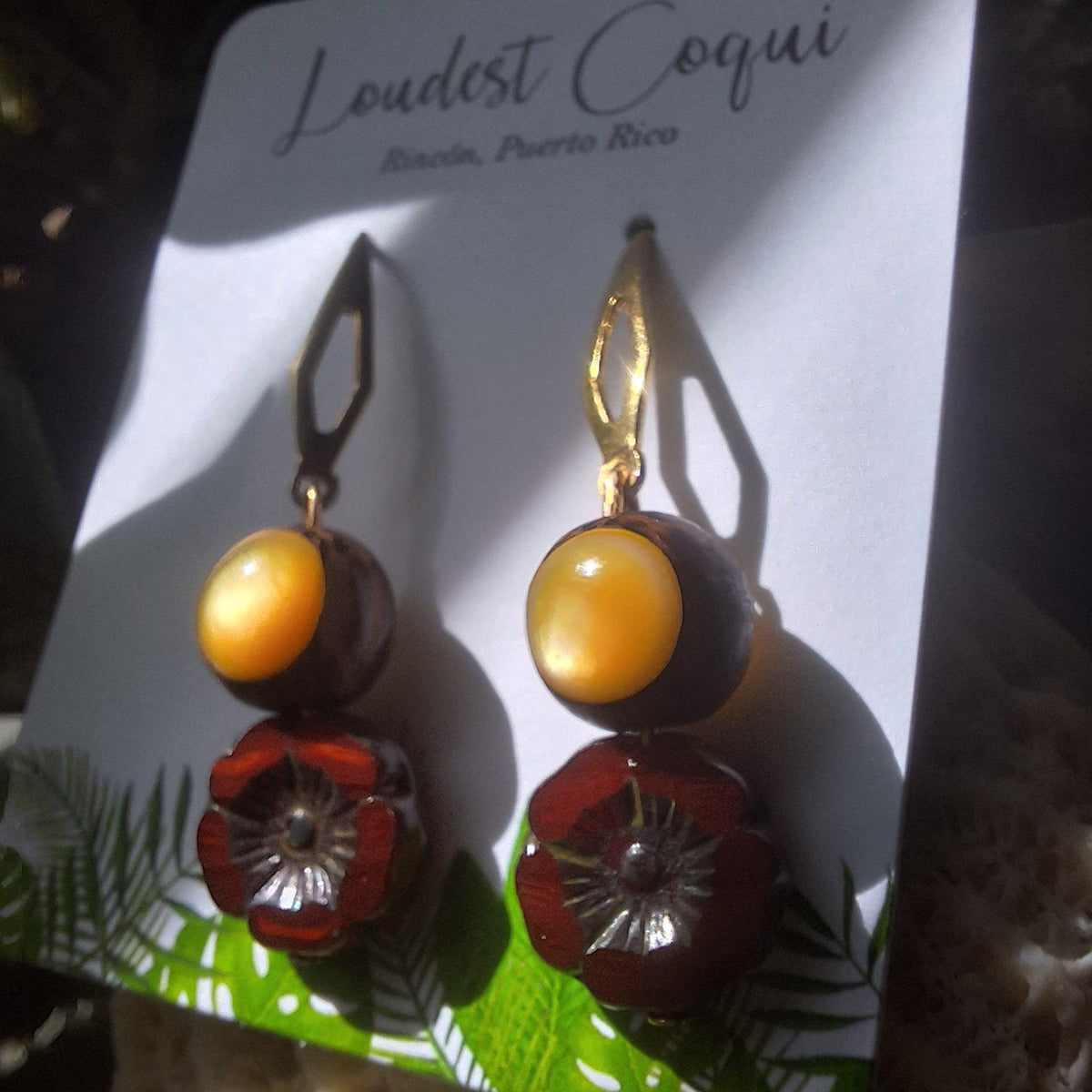 Handmade Coconut Shell Earrings: Puerto Rico Flor de Maga Glass Beads