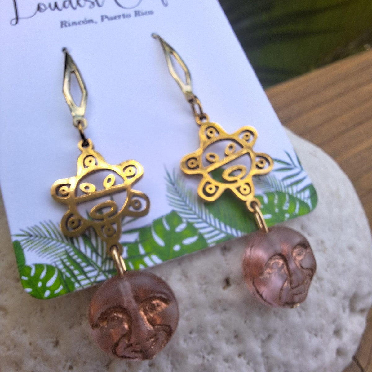 Taino sun moon face handmade glass earrings : Puerto Rico jewelry