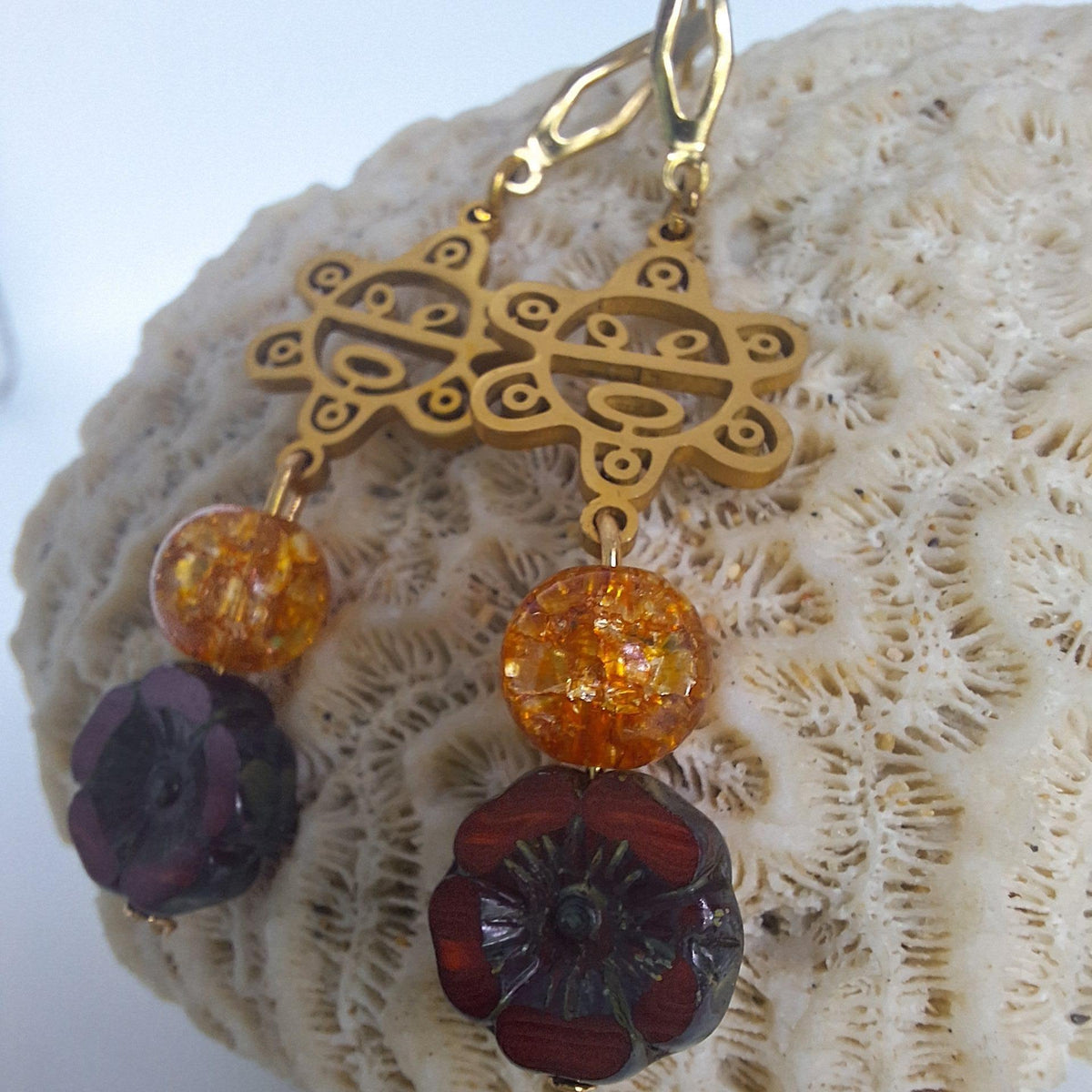 Taino gold sun quartz earrings Puerto Rico : Flor de Maga