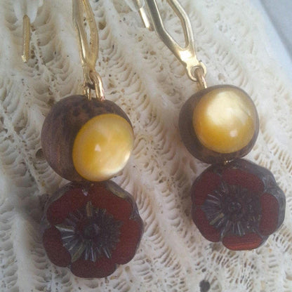 Handmade Coconut Shell Earrings: Puerto Rico Flor de Maga Glass Beads