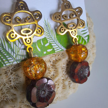 Taino gold sun quartz earrings Puerto Rico : Flor de Maga