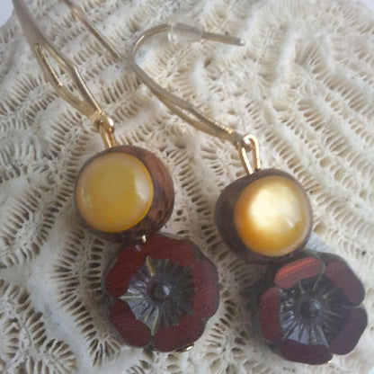 Handmade Coconut Shell Earrings: Puerto Rico Flor de Maga Glass Beads