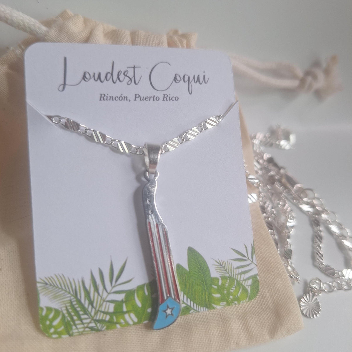 Puerto Rico silver machete flag charm necklace: Stainless Steel, Unisex, Tarnish Free (18" or 20") Boricua waterproof jewelry