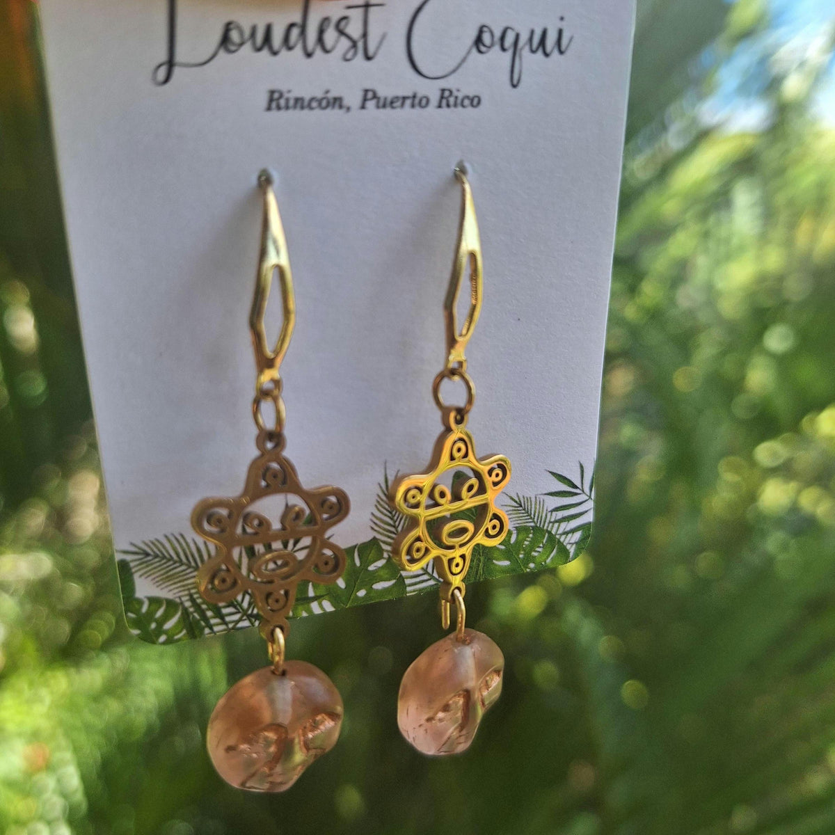 Taino sun moon face handmade glass earrings : Puerto Rico jewelry