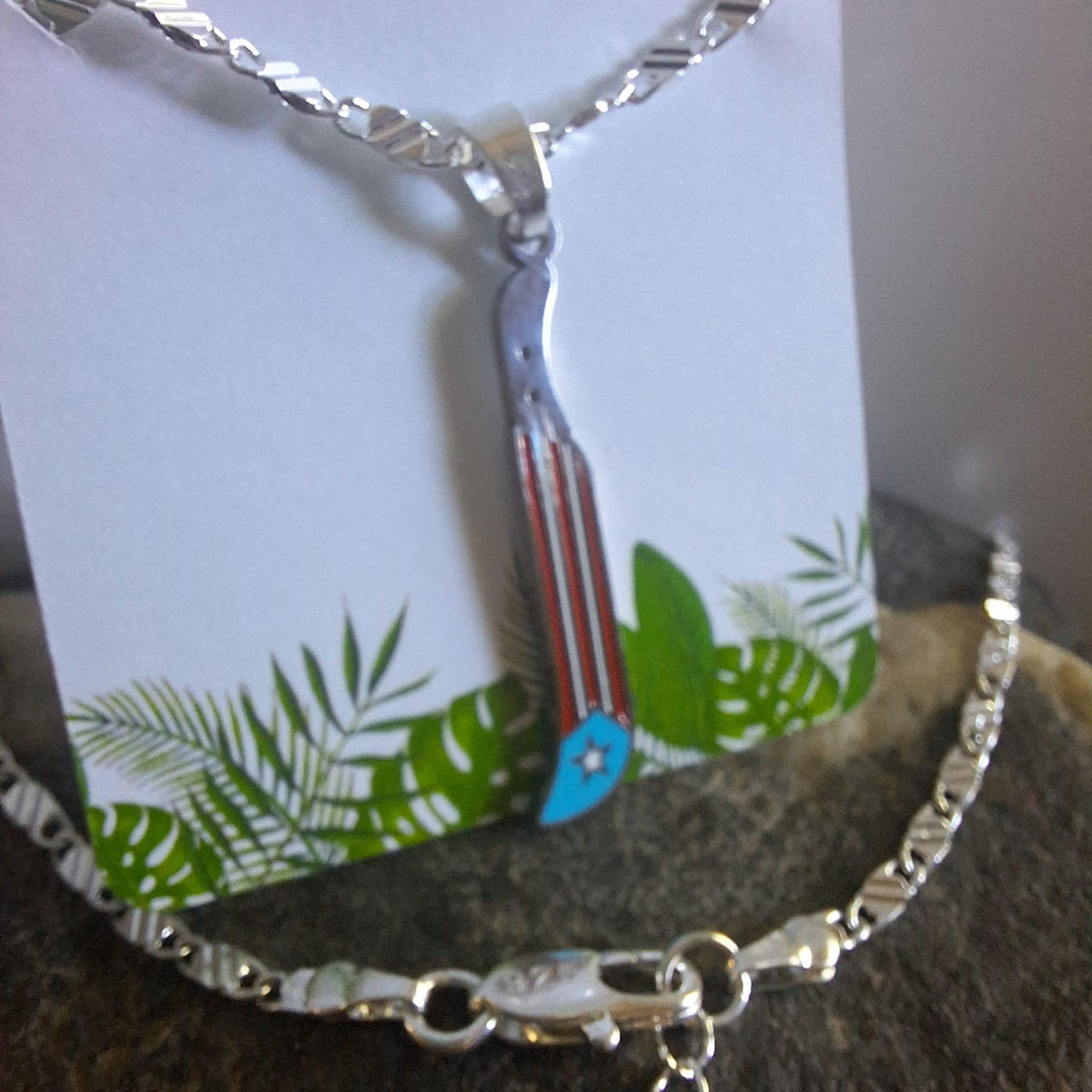 Puerto Rico silver machete flag charm necklace: Stainless Steel, Unisex, Tarnish Free (18" or 20") Boricua waterproof jewelry