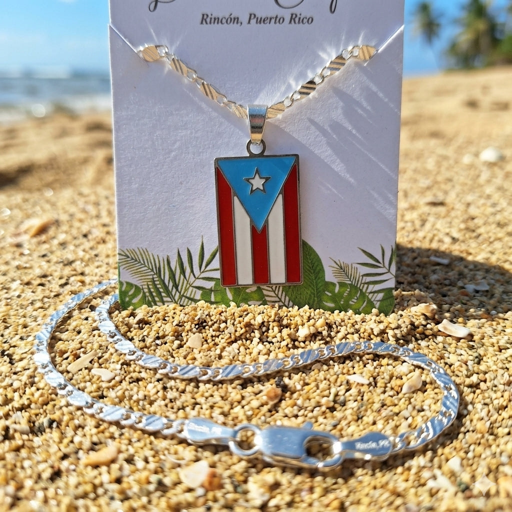 Unisex silver Puerto Rico flag handmade necklace :  stainless steel chain with enamel