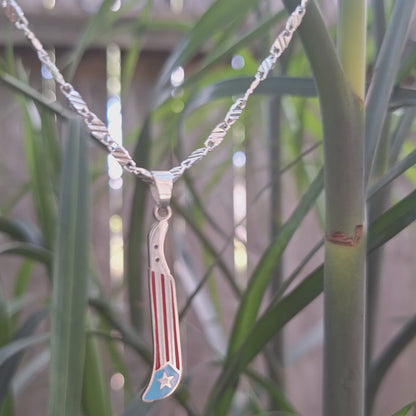 Puerto Rico silver machete flag charm necklace: Stainless Steel, Unisex, Tarnish Free (18" or 20") Boricua waterproof jewelry