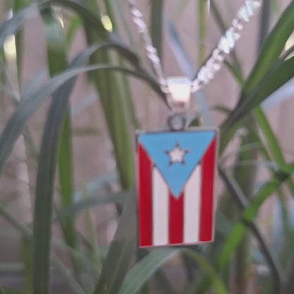 Unisex silver Puerto Rico flag handmade necklace :  stainless steel chain with enamel